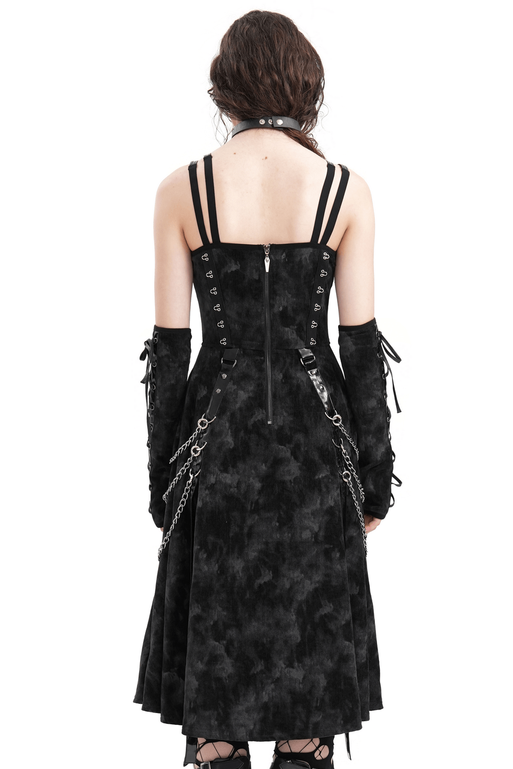 Stunning Gothic slip dress with chains, gloves, and lace-up details, showcasing a low-cut back and flowy high-low hem.