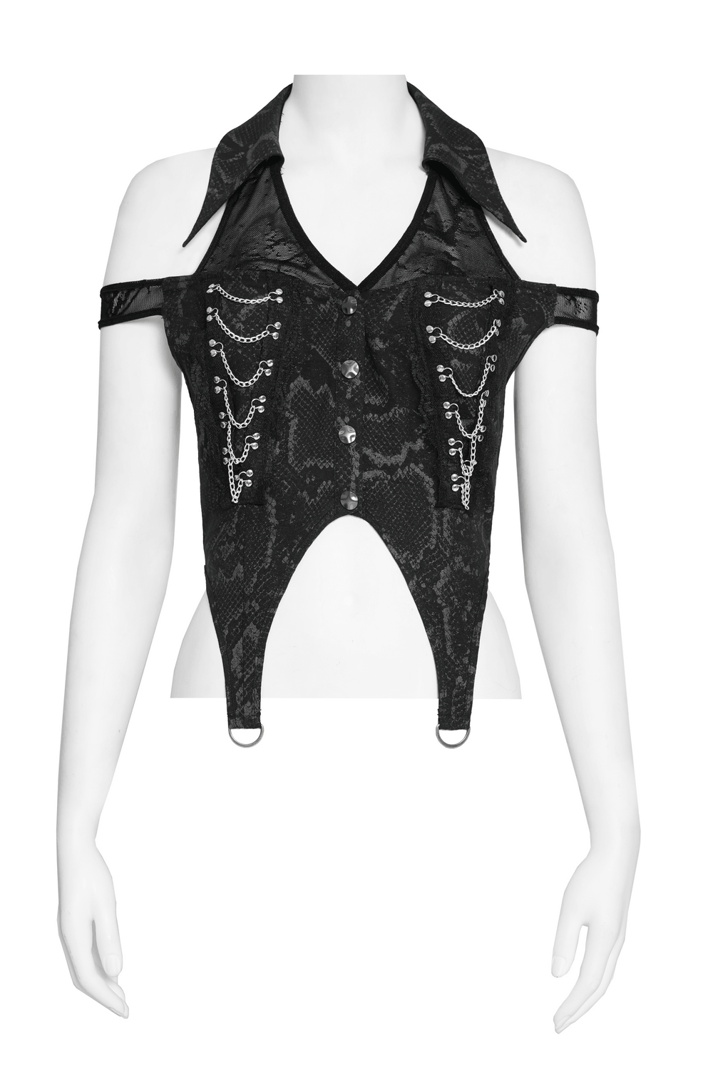 Gothic Snake Print Halter Top with Chain Details featuring lace up back and silver chain accents.