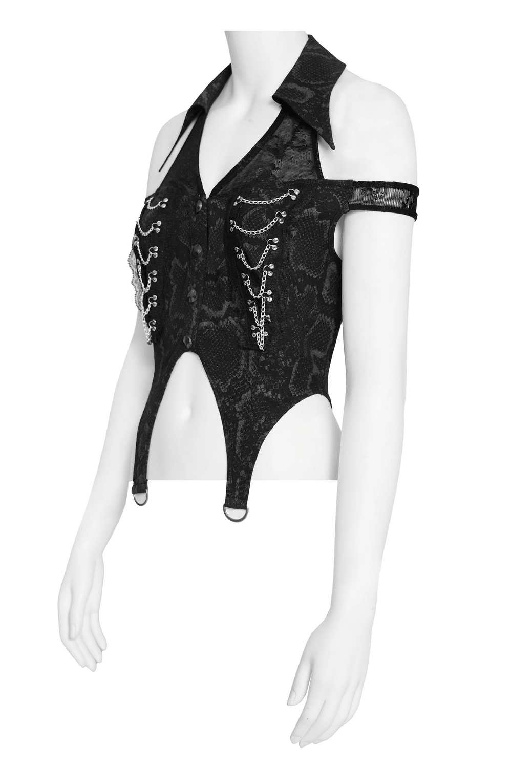 Gothic Snake Print Halter Top with Chain Details featuring silver chain accents and lace-up back design.