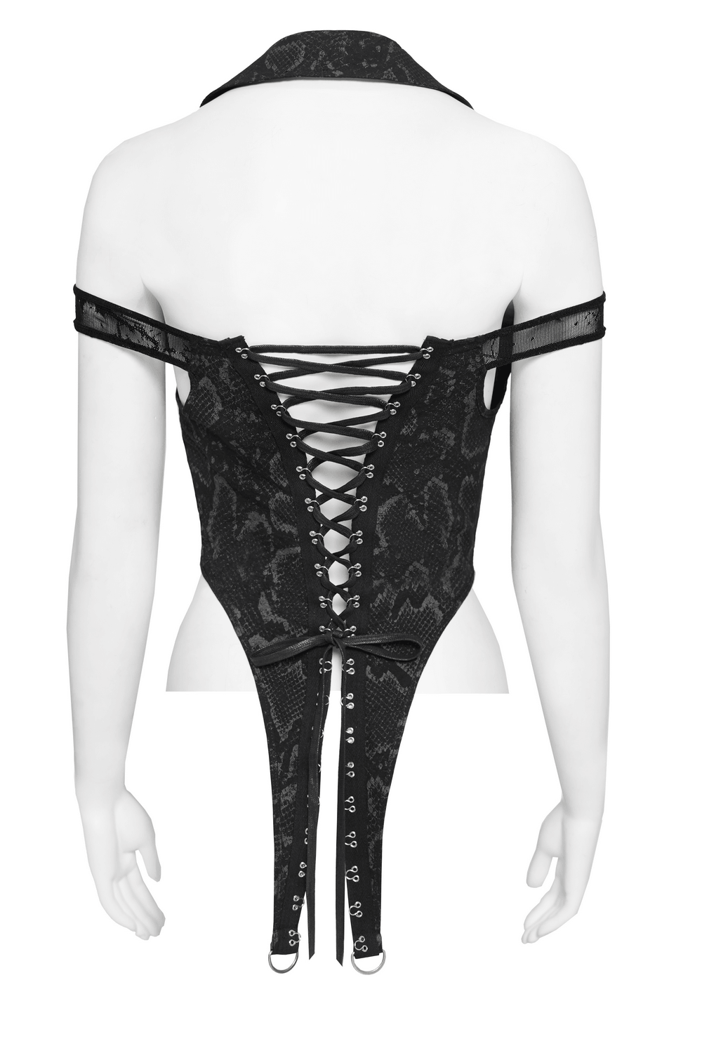 Gothic Snake Print Halter Top with Chain Details showcasing lace up back and dramatic silhouette.