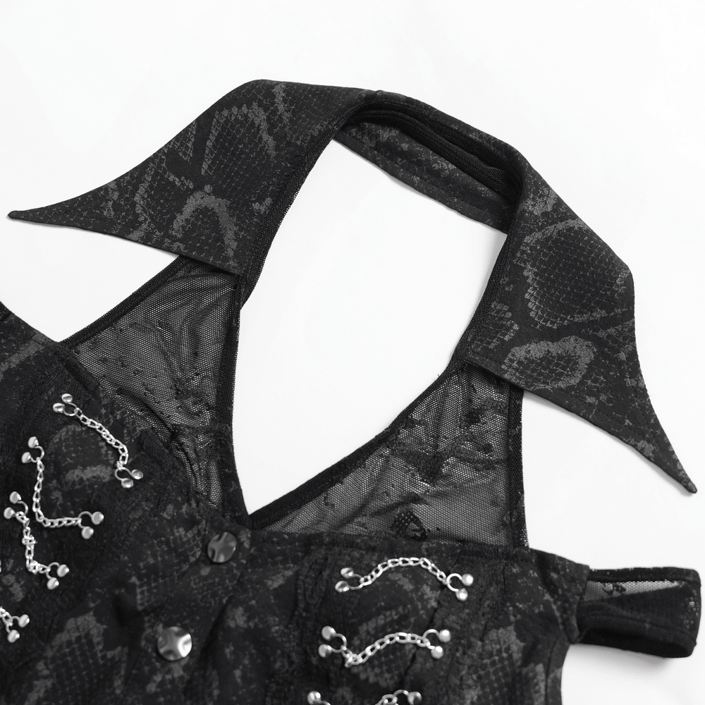 Gothic Snake Print Halter Top with Chain Details featuring pointed collar and silver chain accents.