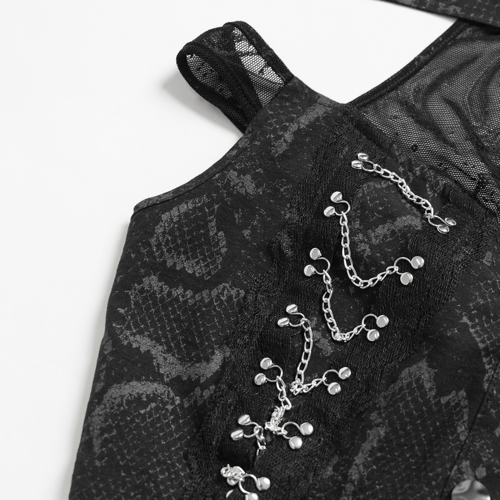 Gothic Snake Print Halter Top with Chain Details showcasing unique lace-up design and silver chain accents.