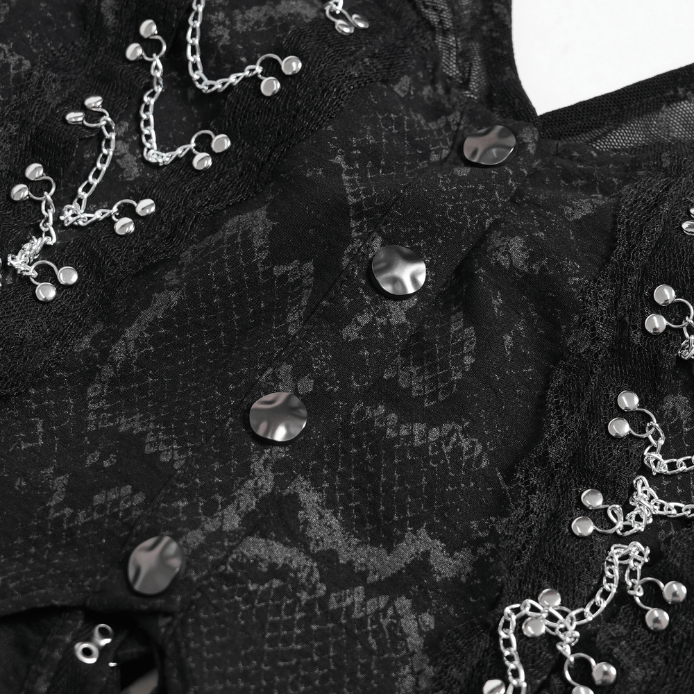 Gothic Snake Print Halter Top with Chain Details featuring buttons and silver chain accents close up.