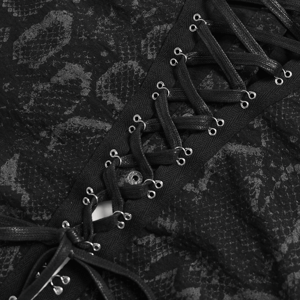 Gothic Snake Print Halter Top with Chain Details lace up design, featuring black snake print and silver accents.