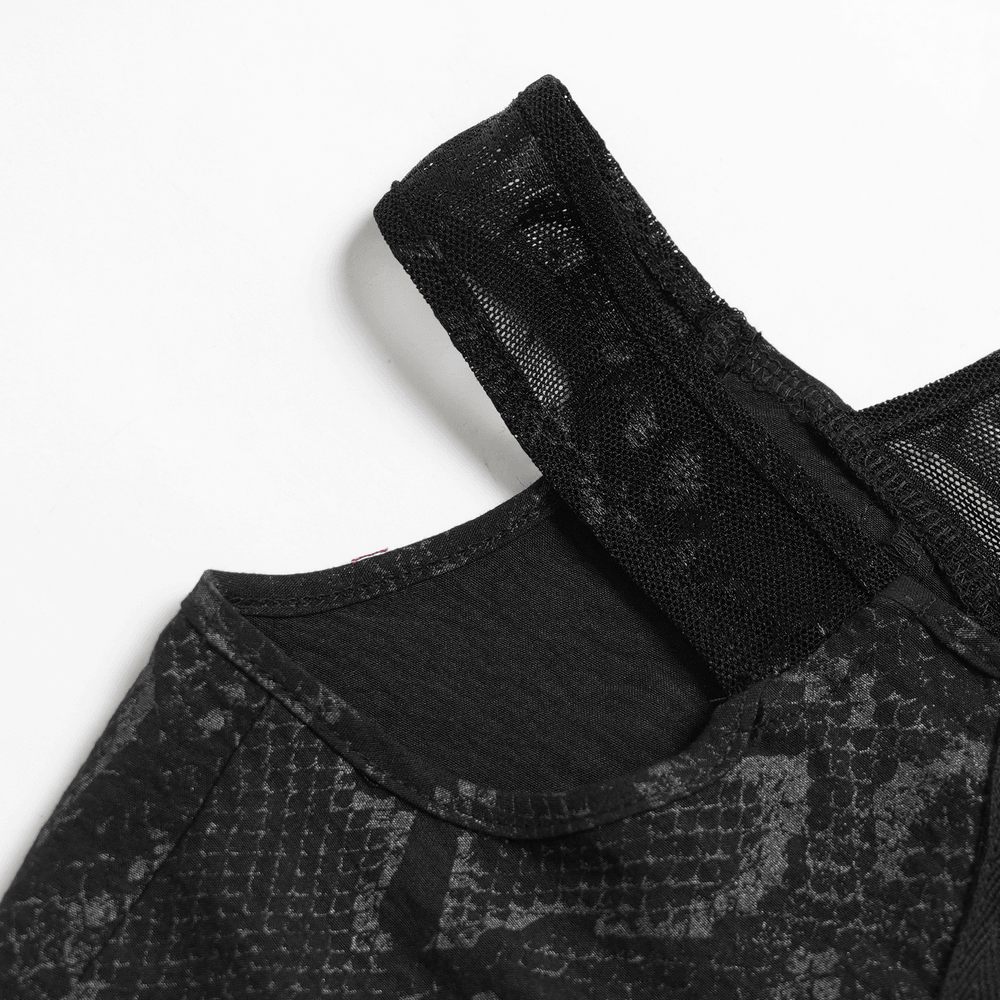 Gothic Snake Print Halter Top with Chain Details featuring lace and mesh straps