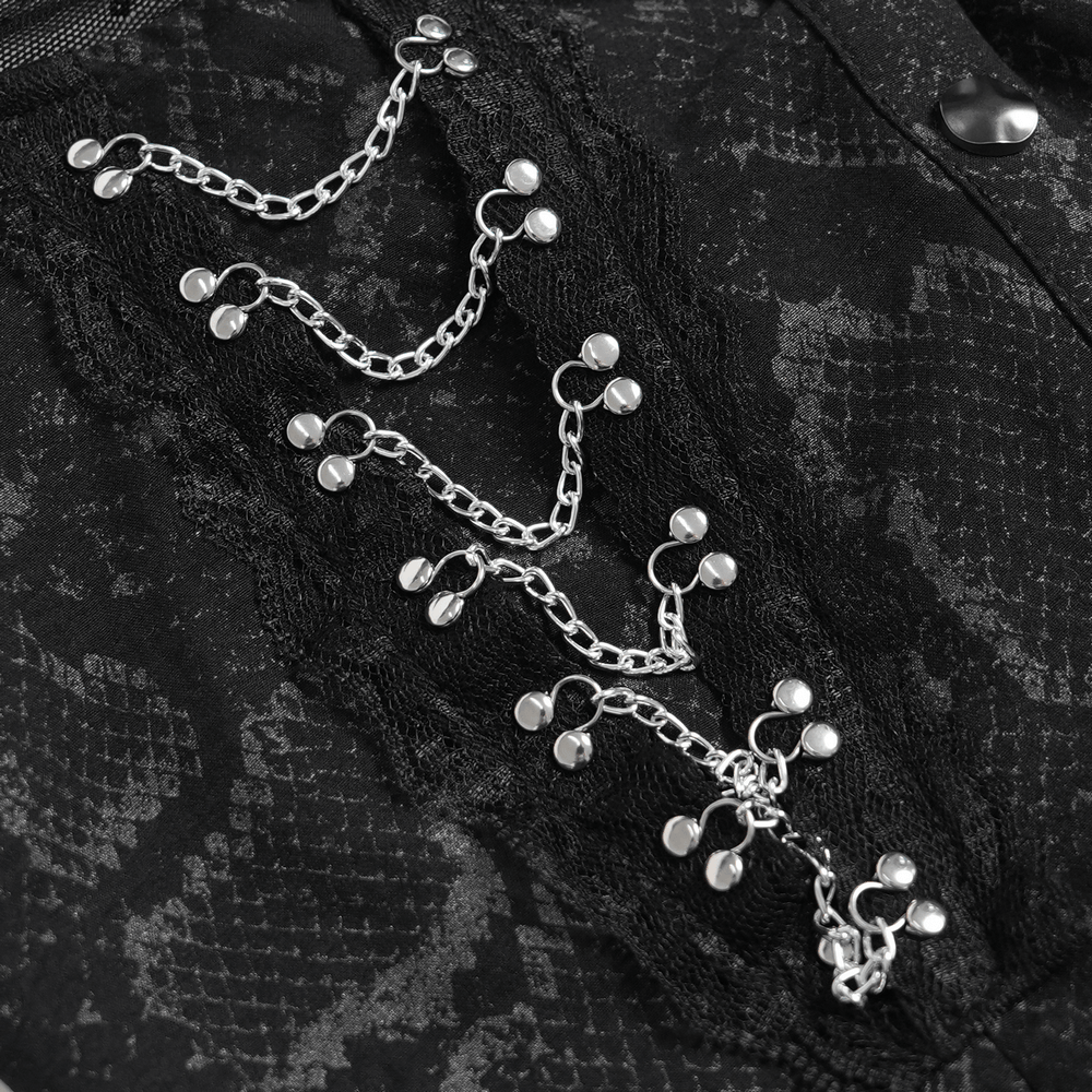 Gothic Snake Print Halter Top with Chain Details featuring silver chain accents and intricate lace detailing.