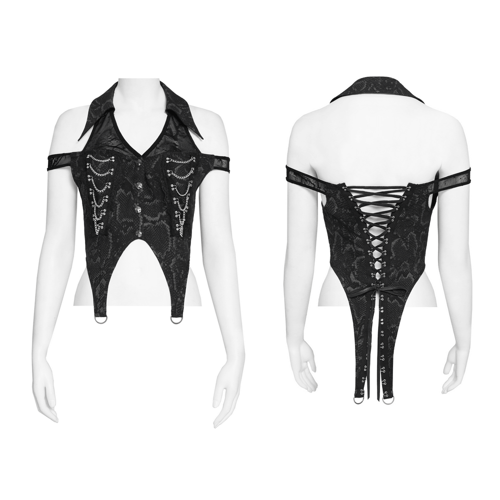 Gothic Snake Print Halter Top with Chain Details showcasing front and back views with lace-up design, pointed collar, and silver accents.