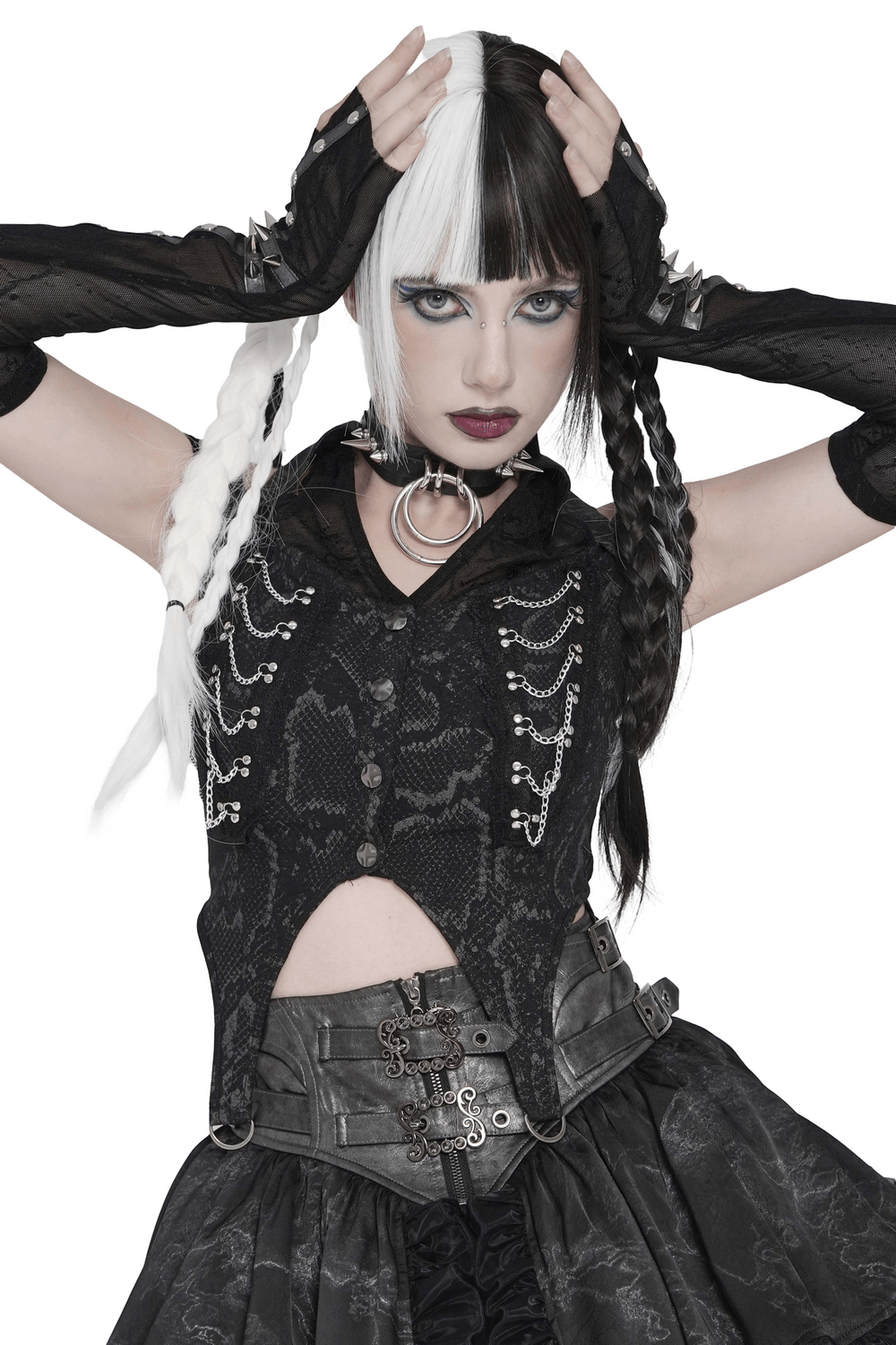 Gothic Snake Print Halter Top with Chain Details featuring a dramatic silhouette and lace-up back.