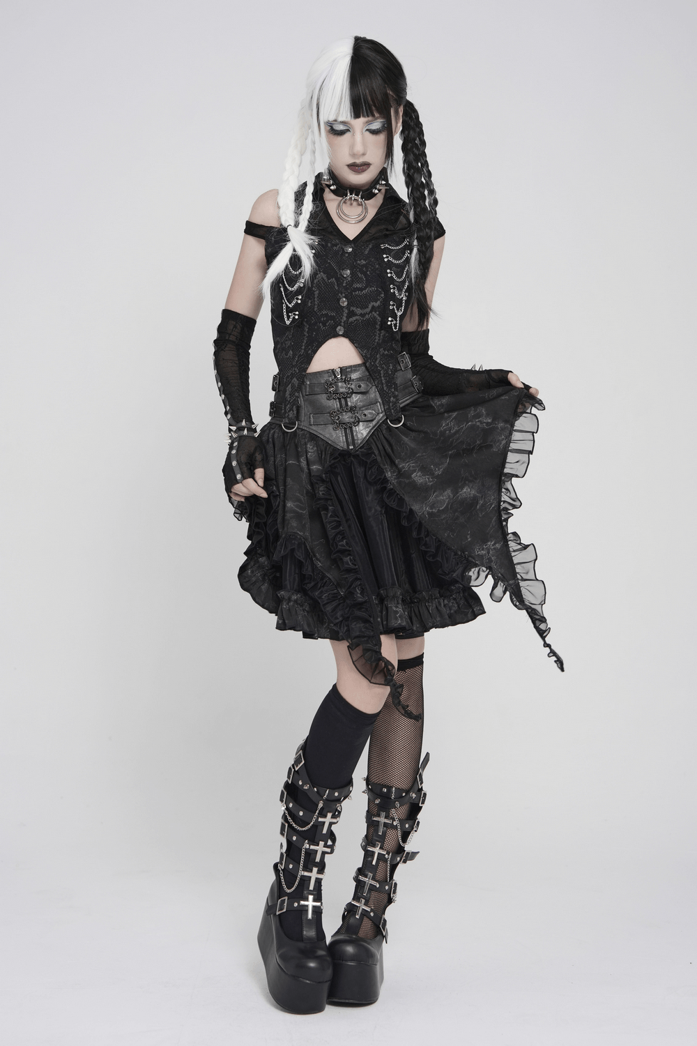 Gothic Snake Print Halter Top with Chain Details, showcasing a dramatic gothic look with edgy accessories.