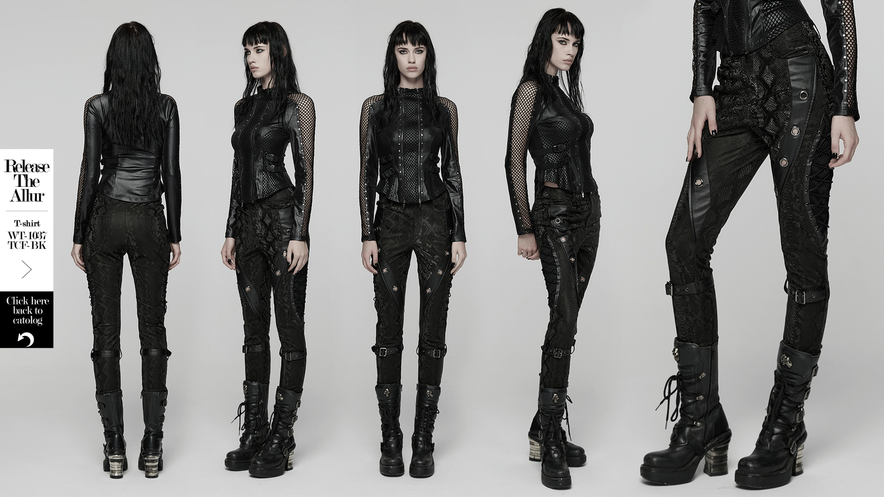 Gothic Snake Print Pants with Eyelet and Strap Detail showcased in punk-inspired styling.