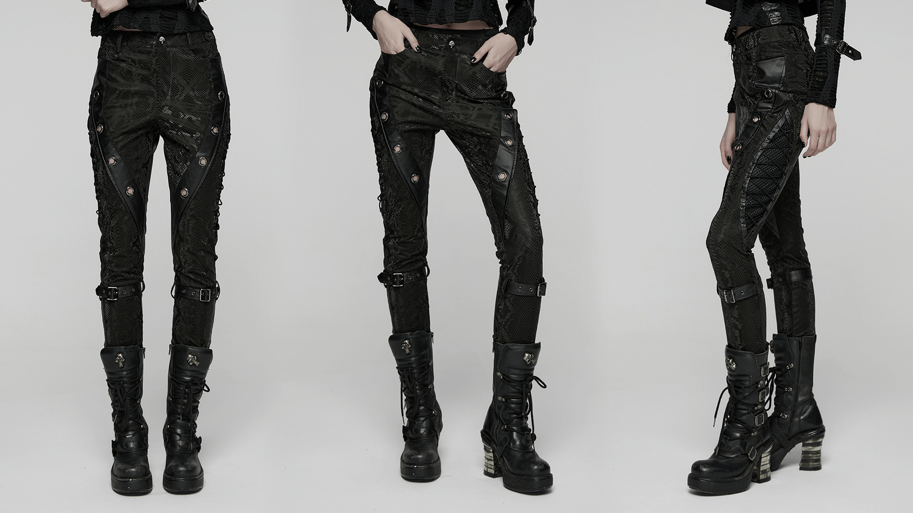 Gothic Snake Print Pants with Eyelet and Strap Detail displayed, showcasing punk rocky style and bold design elements.