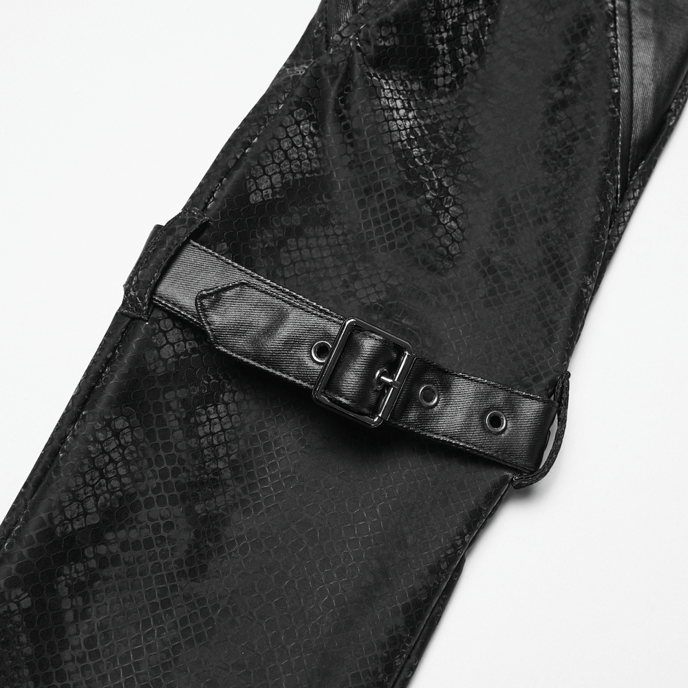 Gothic Snake Print Pants with Eyelet and Strap Detail featuring oversized eyelet and strap accents in sleek faux leather.