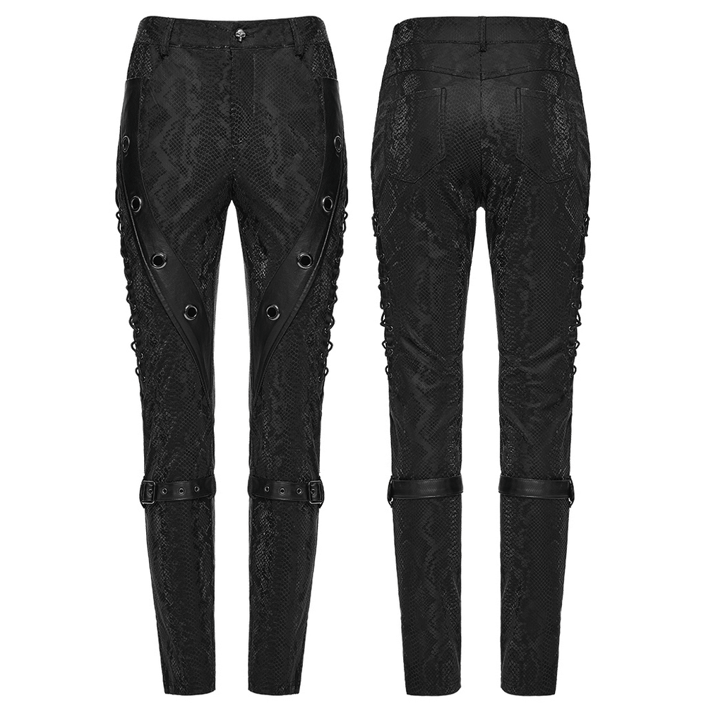 Gothic Snake Print Pants with Eyelet and Strap Detail showcasing punk faux leather and bold lacing.