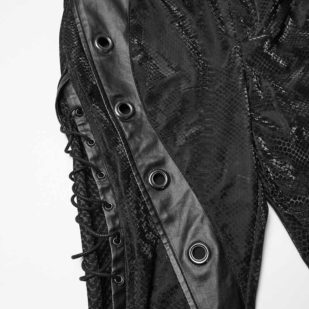 Gothic Snake Print Pants with Eyelet and Strap Detail featuring lacing and oversized eyelet details.