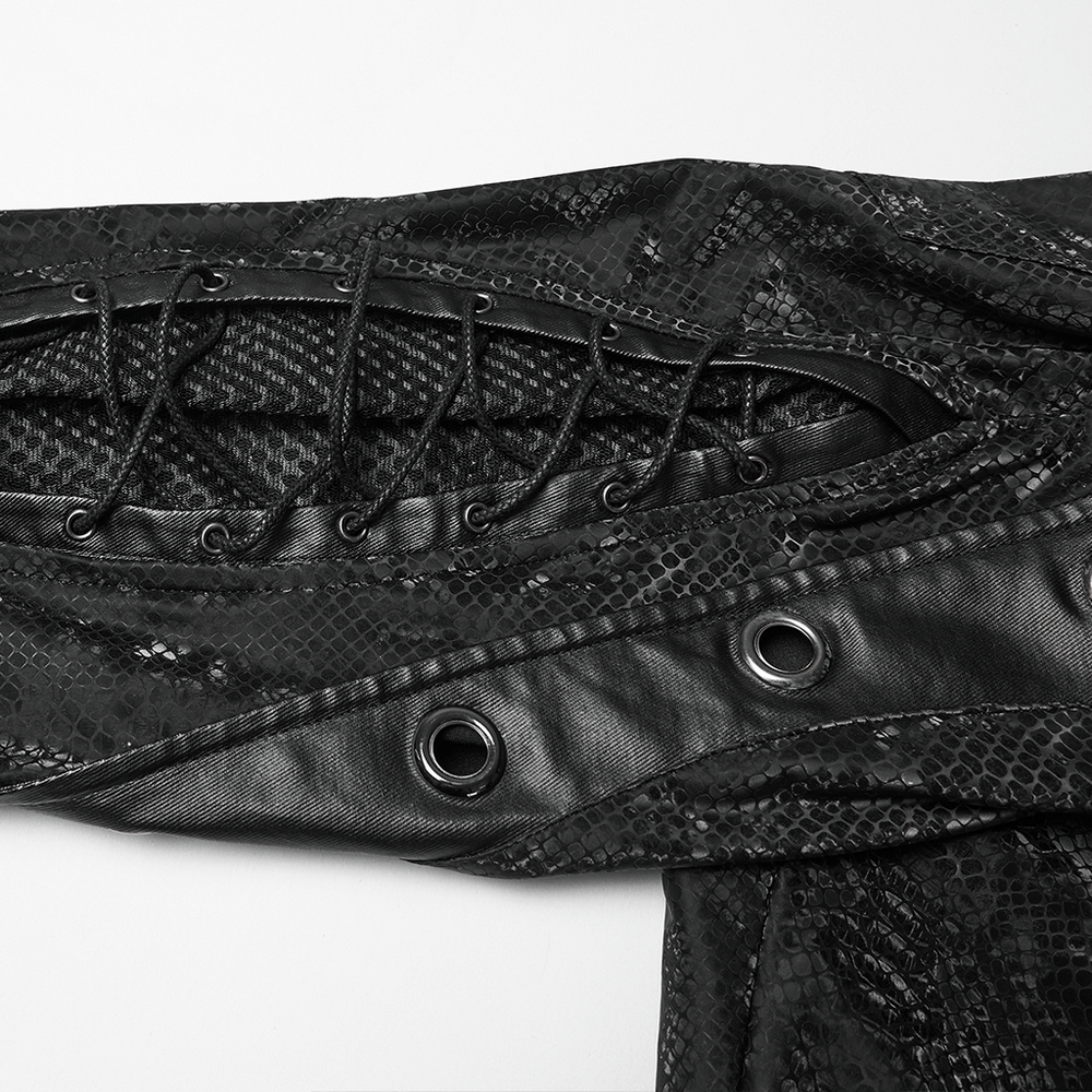 Detail of Gothic Snake Print Pants with Eyelet and Strap Detail showcasing lacing and oversized eyelet accents.