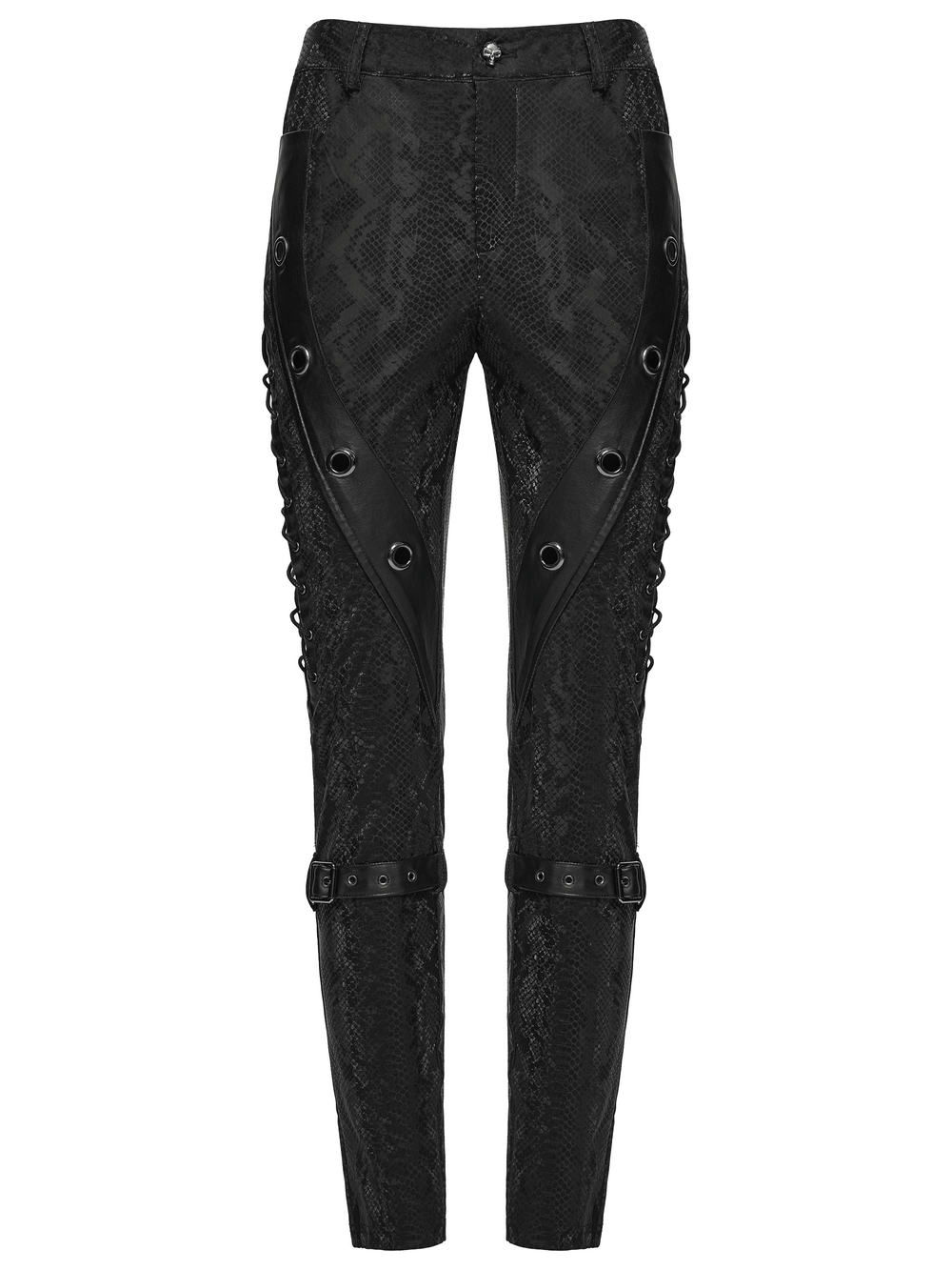 Gothic Snake Print Pants with Eyelet and Strap Detail featuring bold snake print, eyelet accents, and adjustable straps.