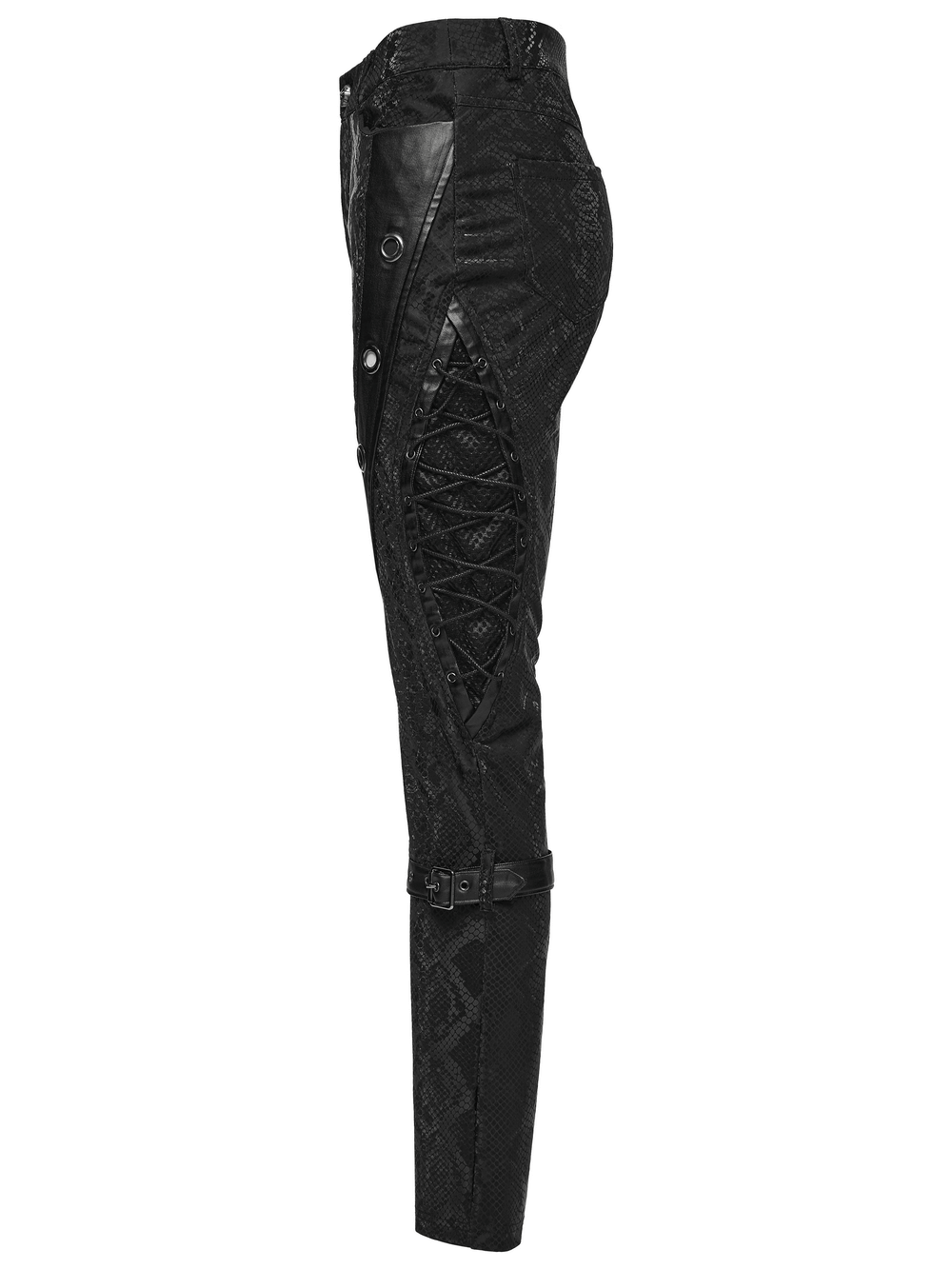 Gothic Snake Print Pants with Eyelet and Strap Detail showcasing side view and punk style design.