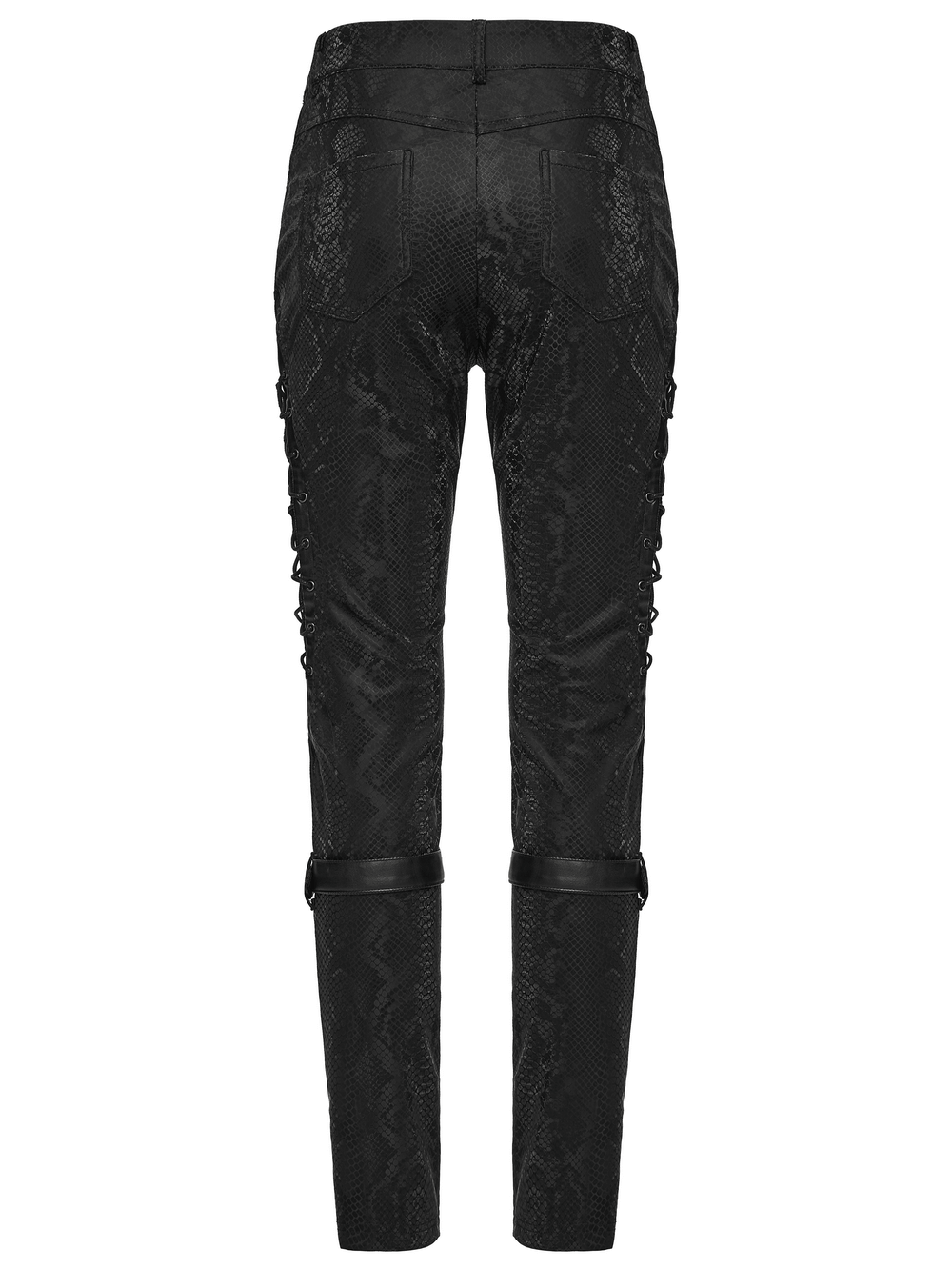 Gothic Snake Print Pants with Eyelet and Strap Detail showcasing the detailed back view with lacing and strap accents.