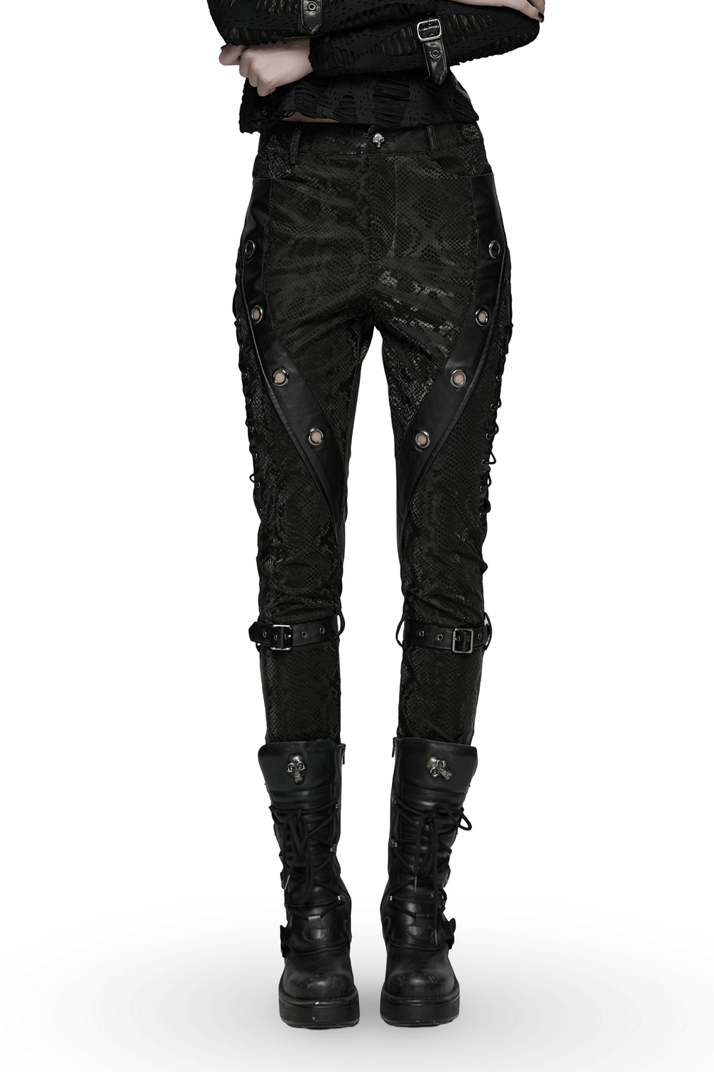 Gothic Snake Print Pants with Eyelet and Strap Detail featuring punk style and bold visual accents.