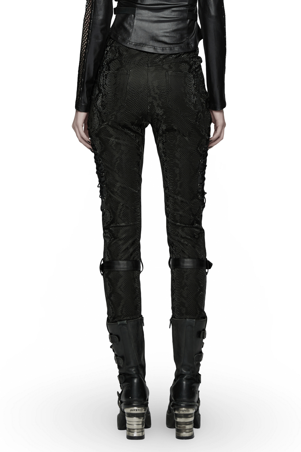 Gothic Snake Print Pants with Eyelet and Strap Detail featuring sleek faux leather and unique patchwork design.