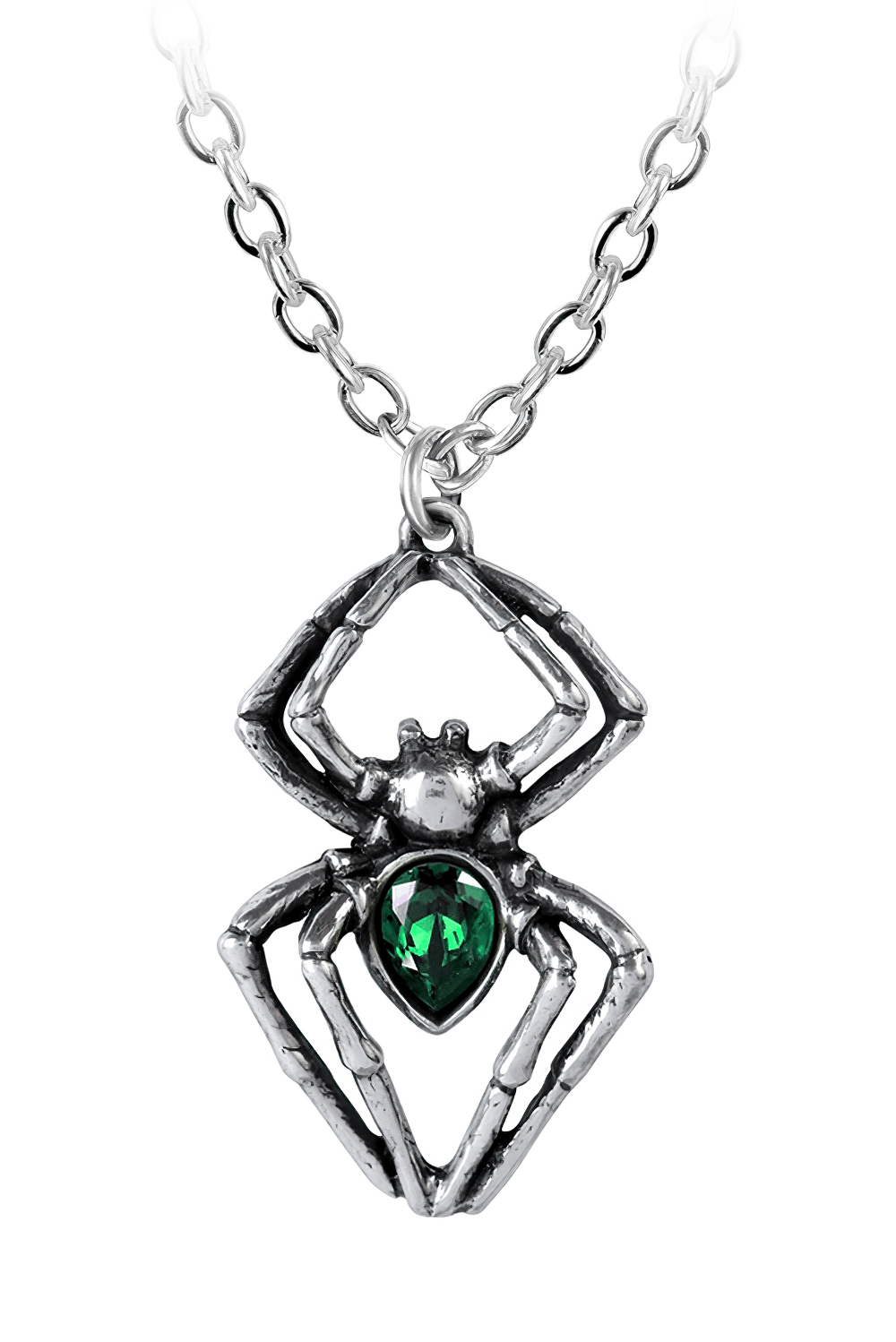 Gothic spider pendant necklace with emerald green gemstone, crafted in fine pewter, perfect for bold fashion lovers.