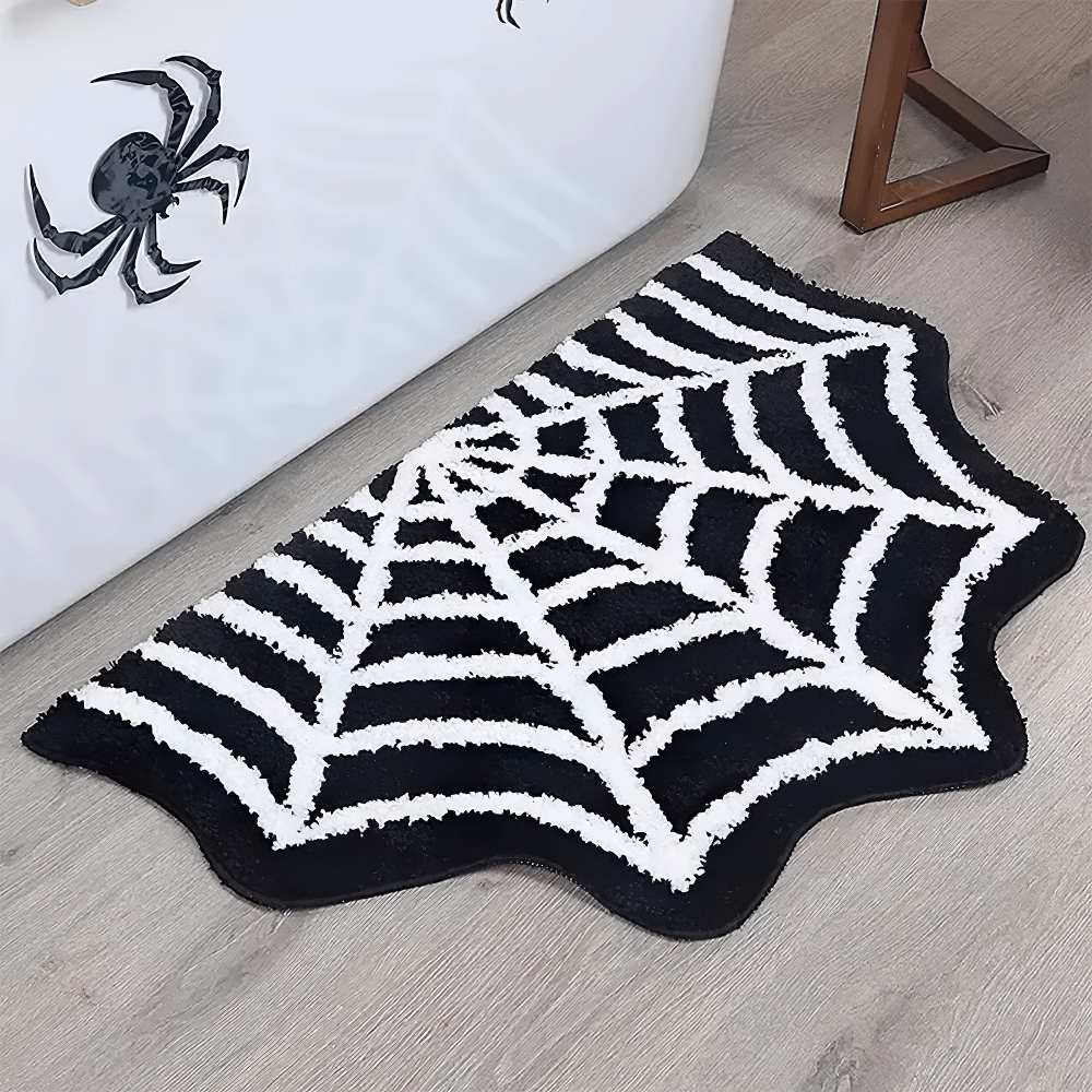 Gothic Spider Web Halloween Rug for Gothic Decor in black and white, perfect for spooky home accents.