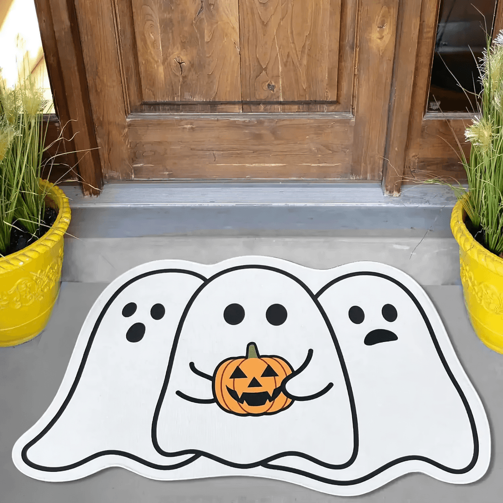 Gothic Spider Web Halloween Rug for Gothic Decor with playful ghost design and pumpkin in front of a wooden door.