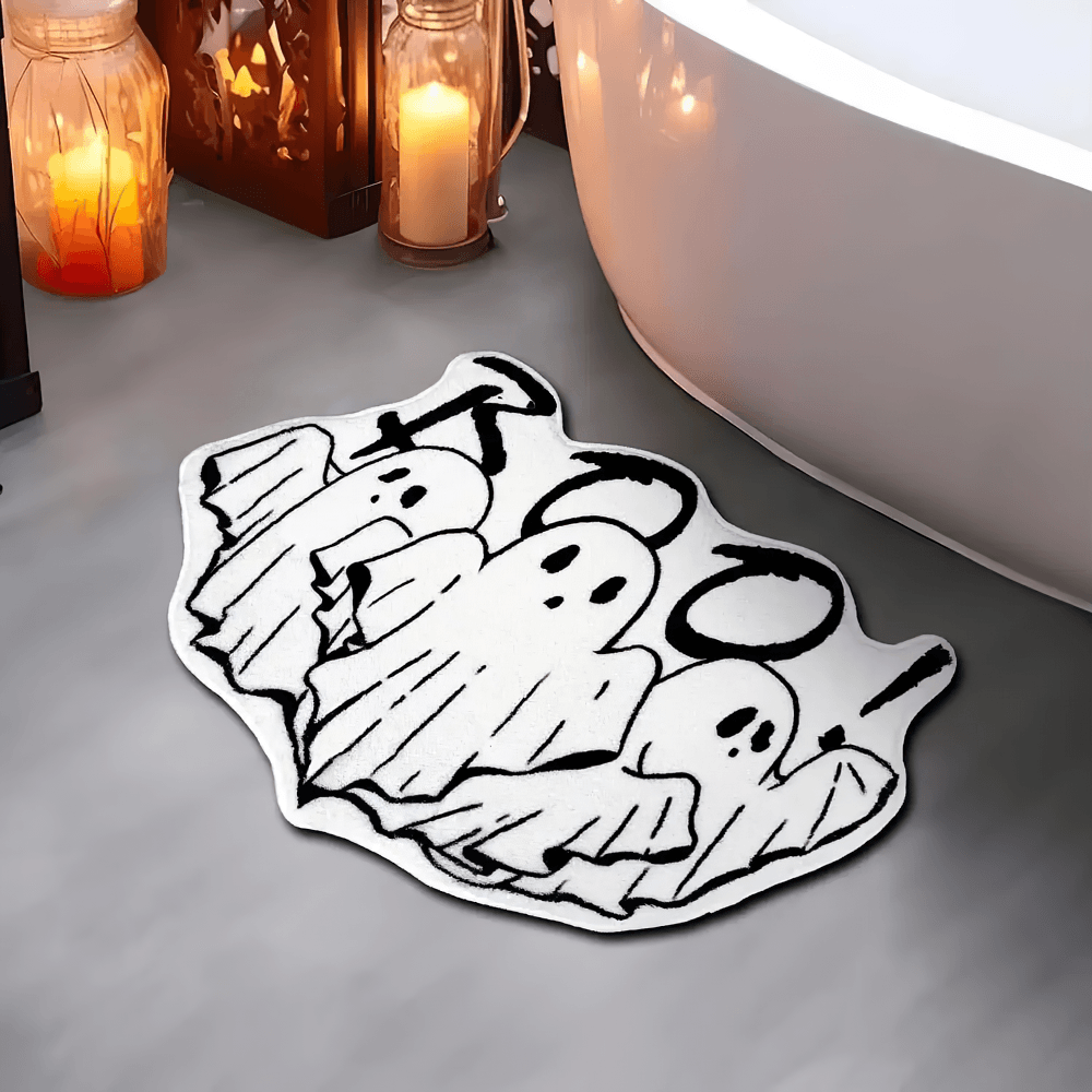 Gothic Spider Web Halloween Rug for Gothic Decor with ghost design under bathtub in a spooky setting.