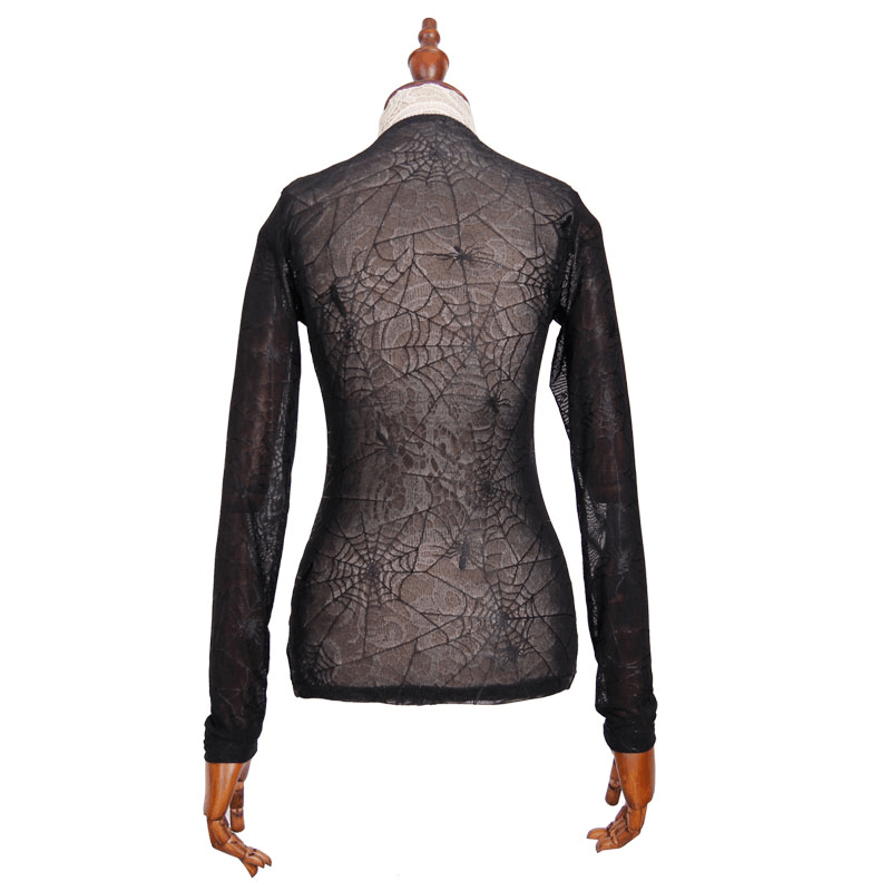 Back view of a women’s gothic black long sleeve top with spider web print and transparent lace details.