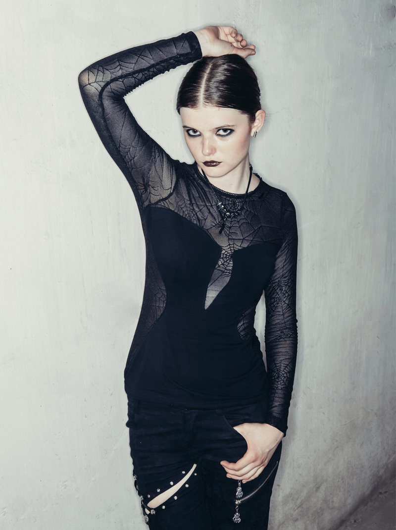 Gothic spider web long sleeves lace top on model, showcasing a trendy, transparent black design.