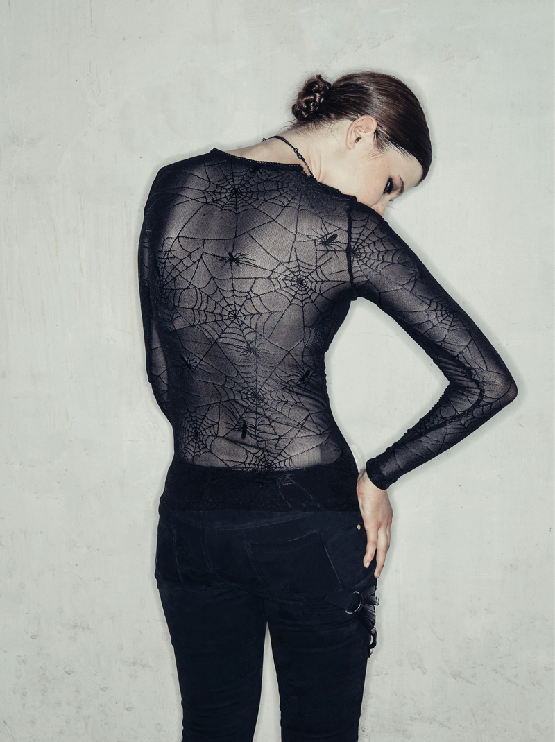 Gothic women's transparent lace top with spider web print, showcasing a form-fitting design from the back.