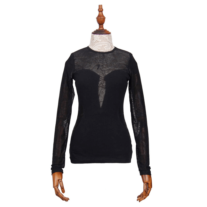 Gothic spider web long sleeve lace top for women, stylish black transparent top highlighting figure.