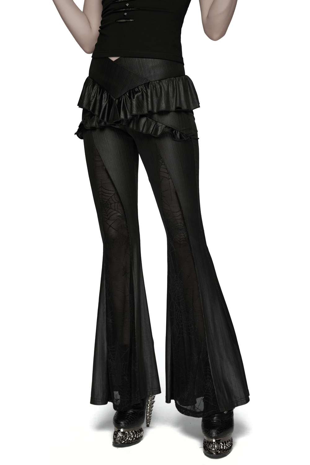 Gothic Spider Web Mesh Flared Pants with Cross Waist showcasing a stylish flare and intricate design