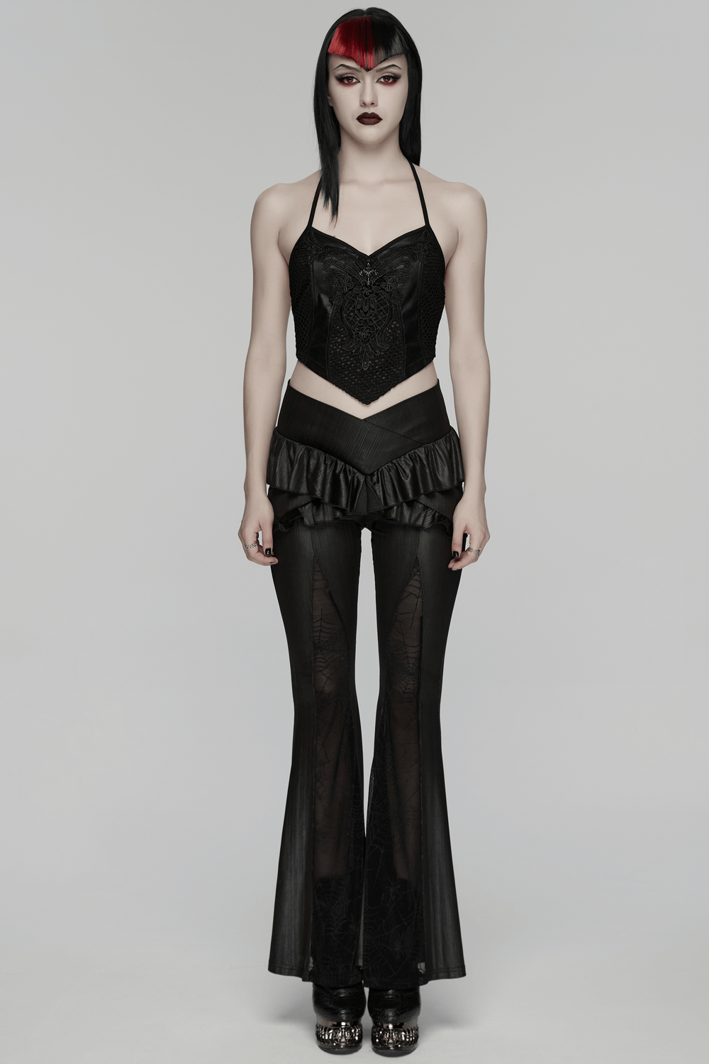 Gothic Spider Web Mesh Flared Pants with Cross Waist model wearing gothic outfit