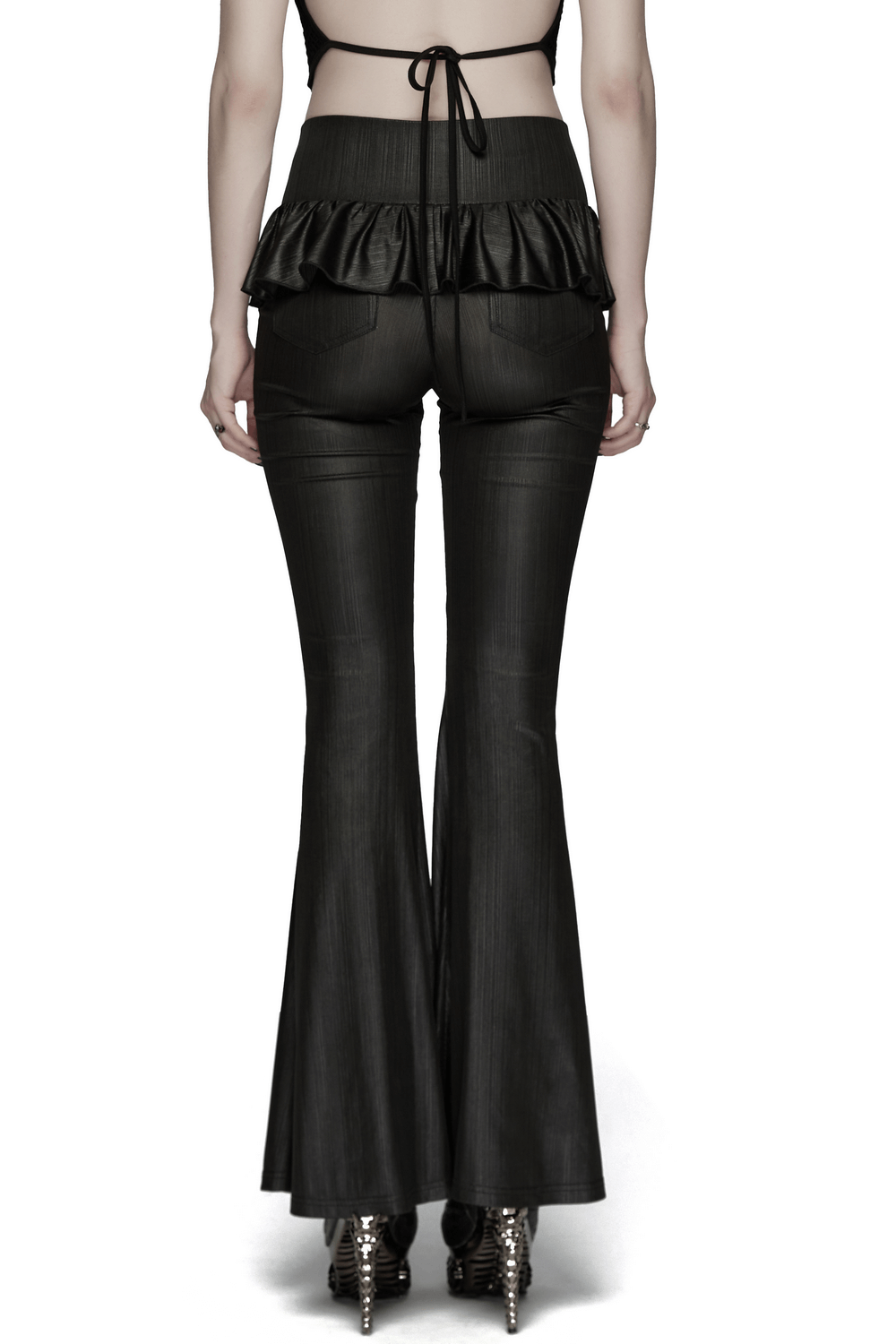 Gothic Spider Web Mesh Flared Pants with Cross Waist, stylish back view showcasing the flared design and ruffled waistband.
