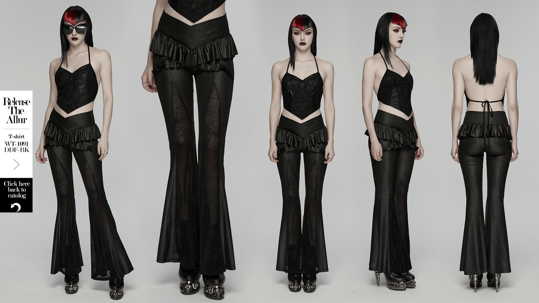 Gothic Spider Web Mesh Flared Pants with Cross Waist showcased on a model in various angles, perfect for a bold fashion statement.