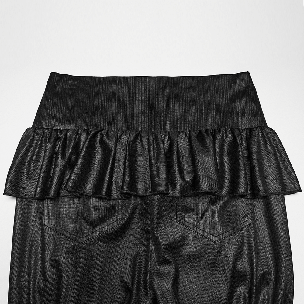 Gothic Spider Web Mesh Flared Pants with Cross Waist in stylish black with a ruffled waist detail.