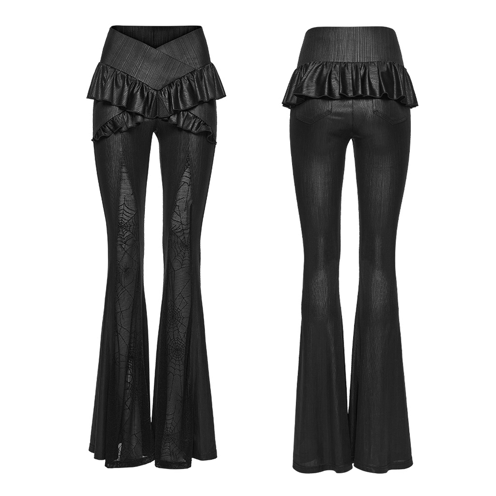 Gothic Spider Web Mesh Flared Pants with Cross Waist showcasing stylish spider web design and flared fit.