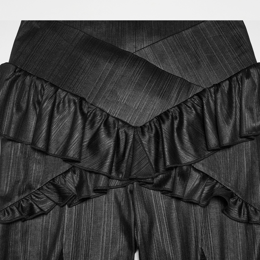 Gothic Spider Web Mesh Flared Pants with Cross Waist featuring a stylish ruffled design in black.