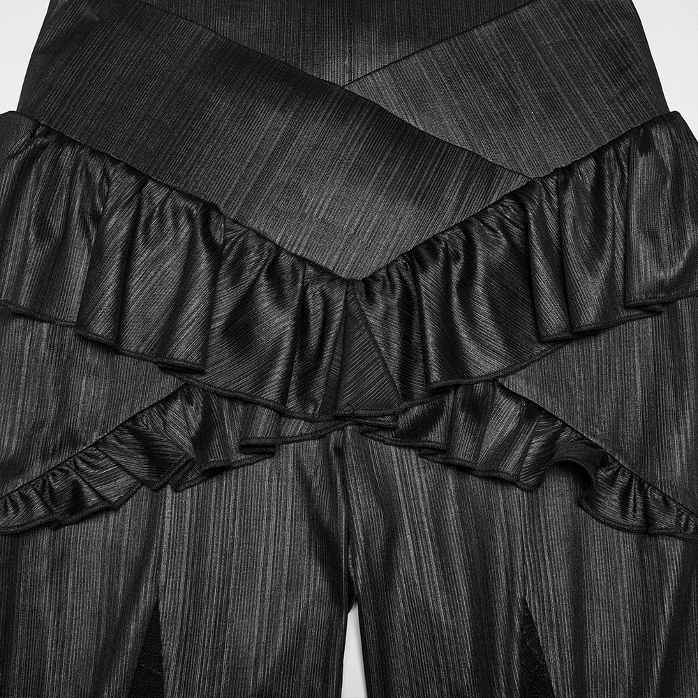 Gothic Spider Web Mesh Flared Pants with Cross Waist showcasing detailed ruffled design and unique texture.