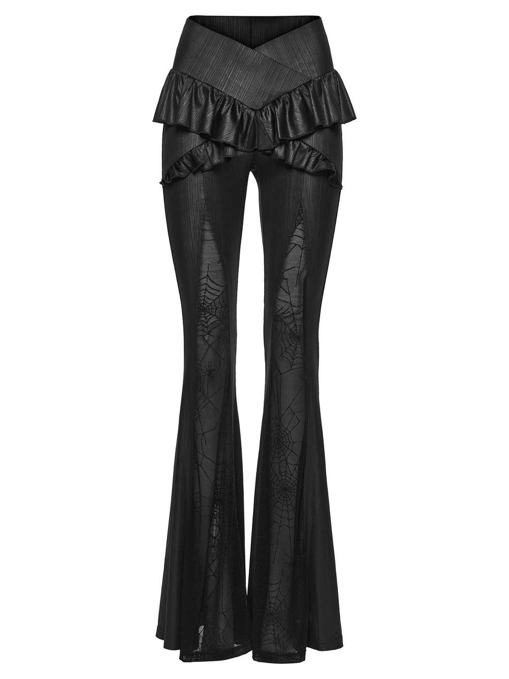 Gothic Spider Web Mesh Flared Pants with Cross Waist featuring a stylish ruffled design and unique spider web pattern.
