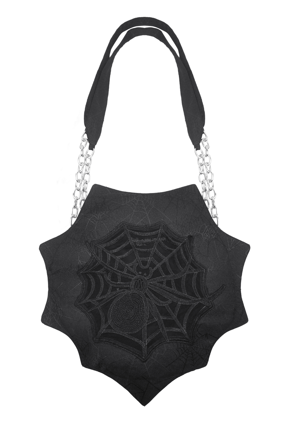 Gothic spider web shoulder bag with silver chain straps and embroidered design, perfect for a hauntingly stylish look.