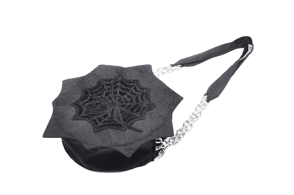 Gothic spider web shoulder bag with silver chain straps and embroidered design for a stylish, eerie look.