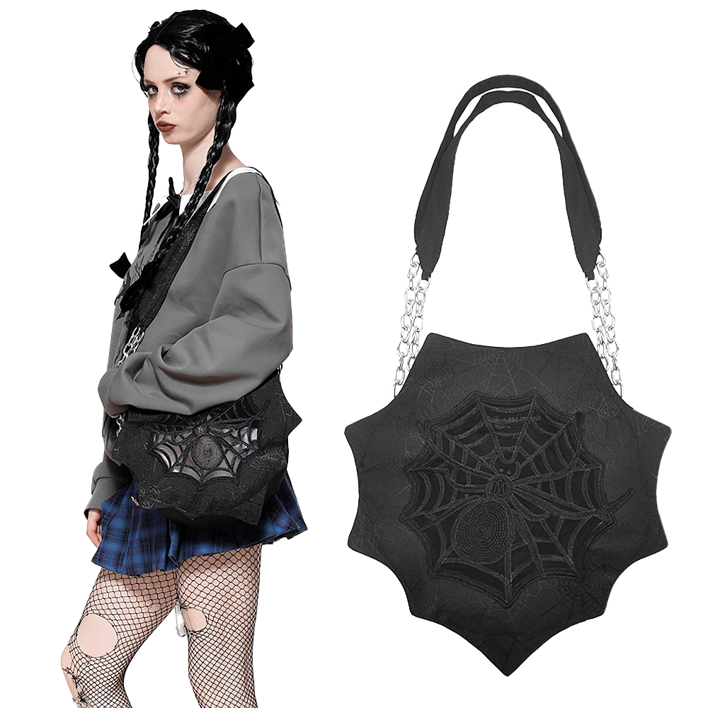 Gothic Spider Web Shoulder Bag with silver chain straps, featuring an embroidered web design, adding haunting charm to any outfit.