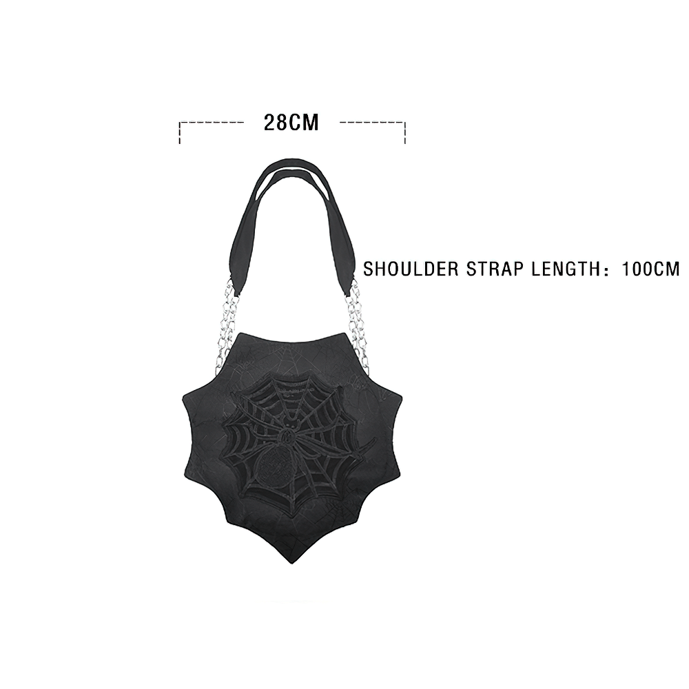 Gothic spider web shoulder bag with silver chain straps and embroidered web design, 28cm width, 100cm strap length.