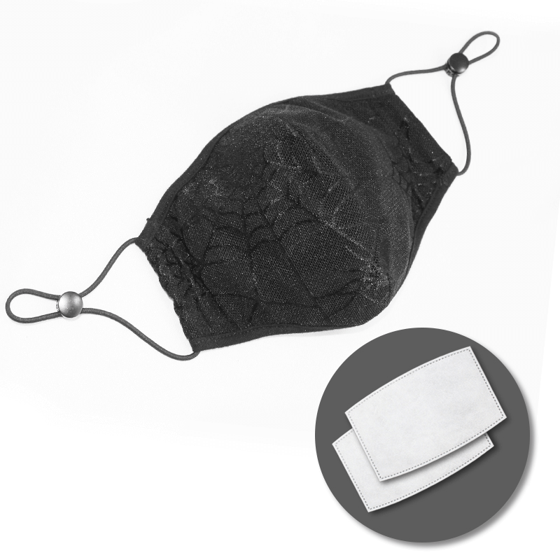Gothic spiderweb face mask in black, breathable fabric with adjustable straps, perfect for stylish unisex looks.