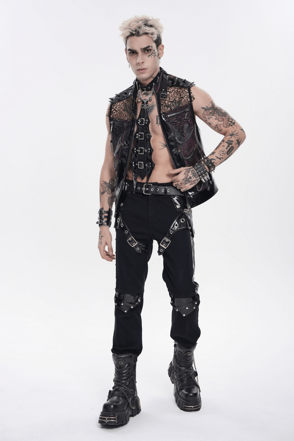 Gothic Spike Mesh Vest With Chains and Zipper
