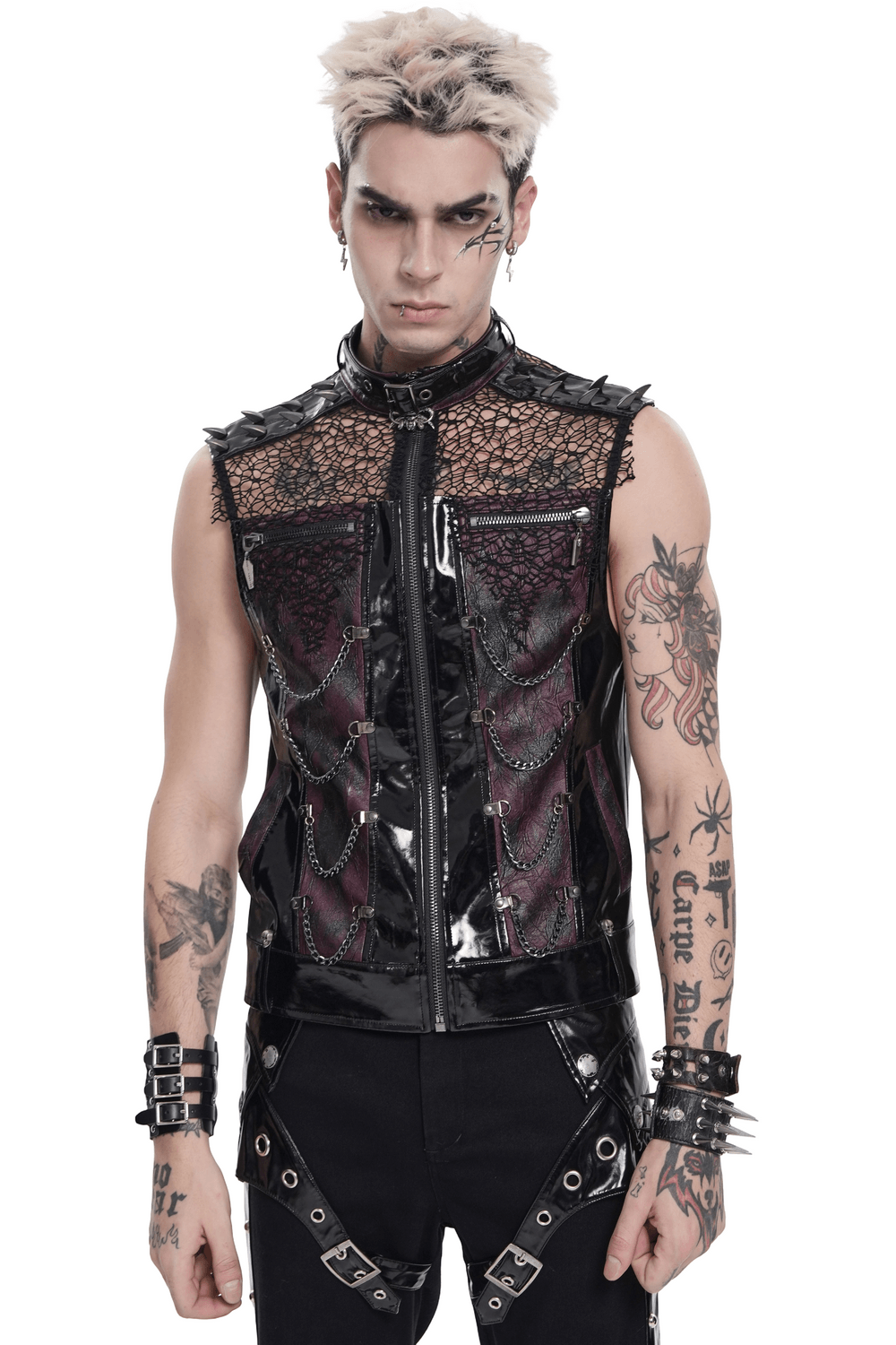 Gothic Spike Mesh Vest With Chains and Zipper