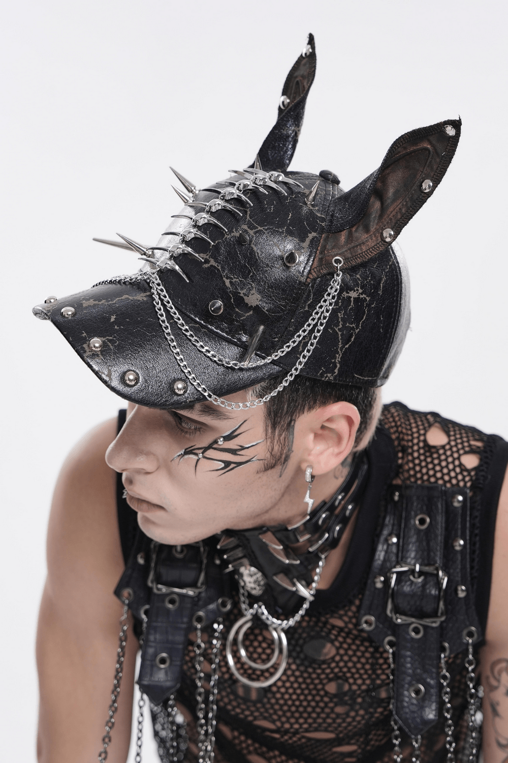 Gothic Spiked Cat Ear Cap With Studded Chains