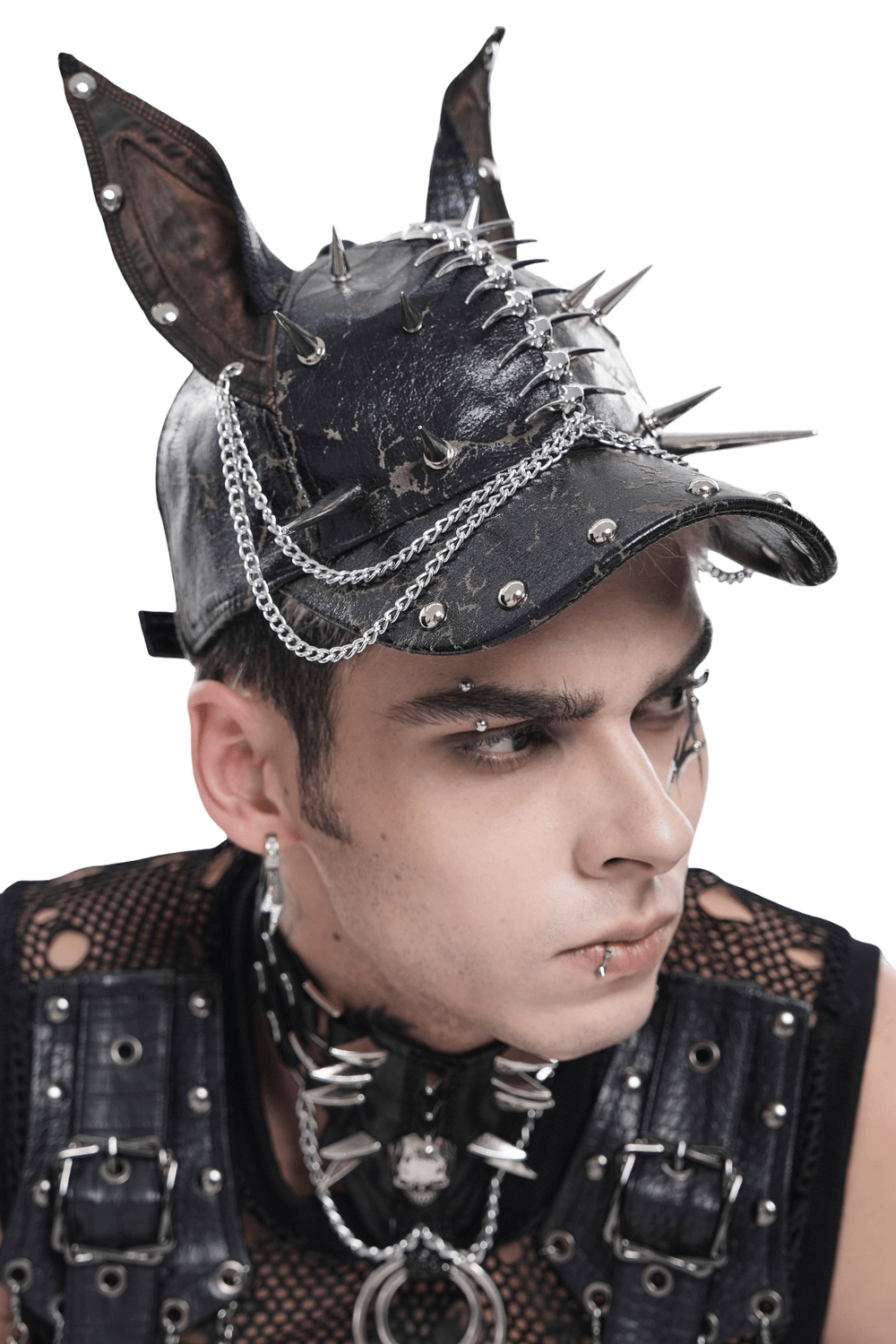 Gothic Spiked Cat Ear Cap With Studded Chains